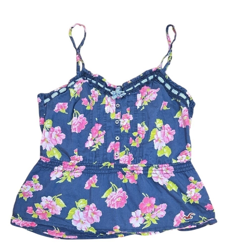 Hollister Y2K Babydoll Cami Tank Top Floral Tropical Beach Cotton Peplum Small